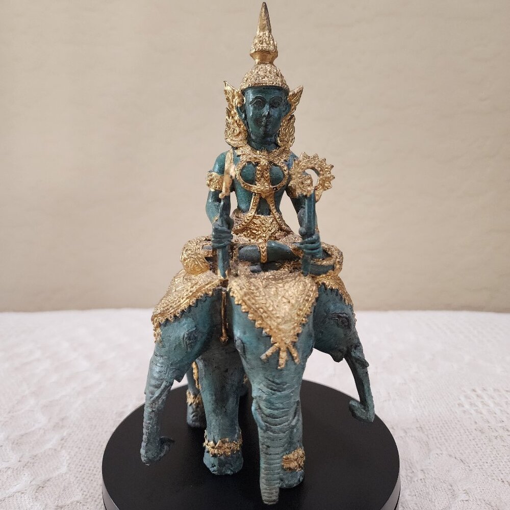 Indra Riding Airavata / Erawan Three-Headed Elephant Green Gold Bronze Statue